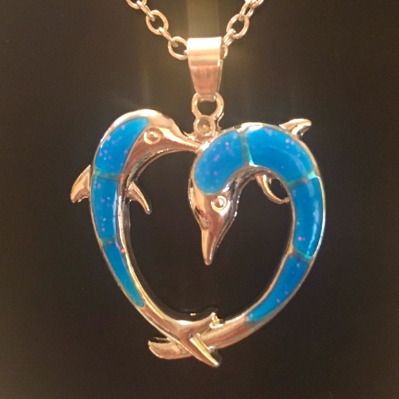 Blue Opal Dolphin Making A Heart In Love Pendant Necklace - Picture 2 of 3
